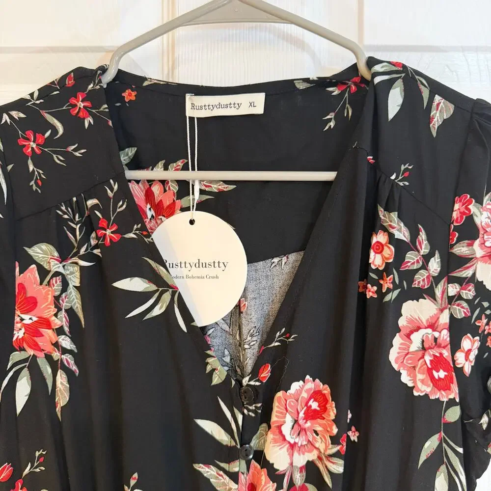 Rusttydustty Floral Boho Maxi Dress‎ Black Button Front XL Cottagecore Romantic - Picture 2 of 11